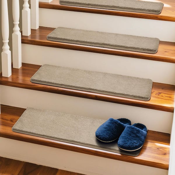Plush Cream Gray 8 in. x 30 in. Carpet Stair Tread Cover Self Adhensive Reusable Indoor Mat Set of 12