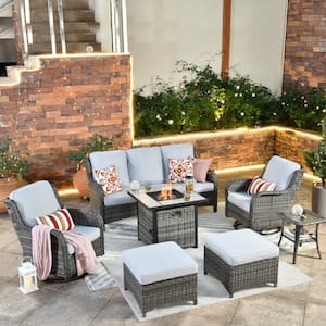 New Kenard Gray 7-Piece Wicker Patio Fire Pit Conversation Set with Gray Cushions and Swivel Rocking Chairs
