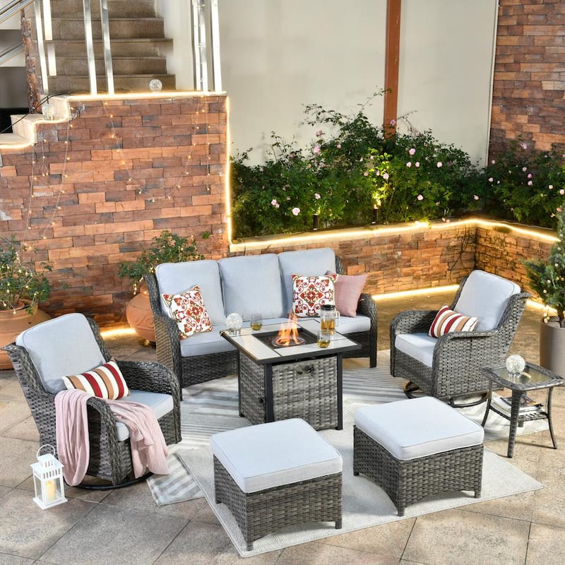 New Kenard Gray 7-Piece Wicker Patio Fire Pit Conversation Set with Gray Cushions and Swivel Rocking Chairs