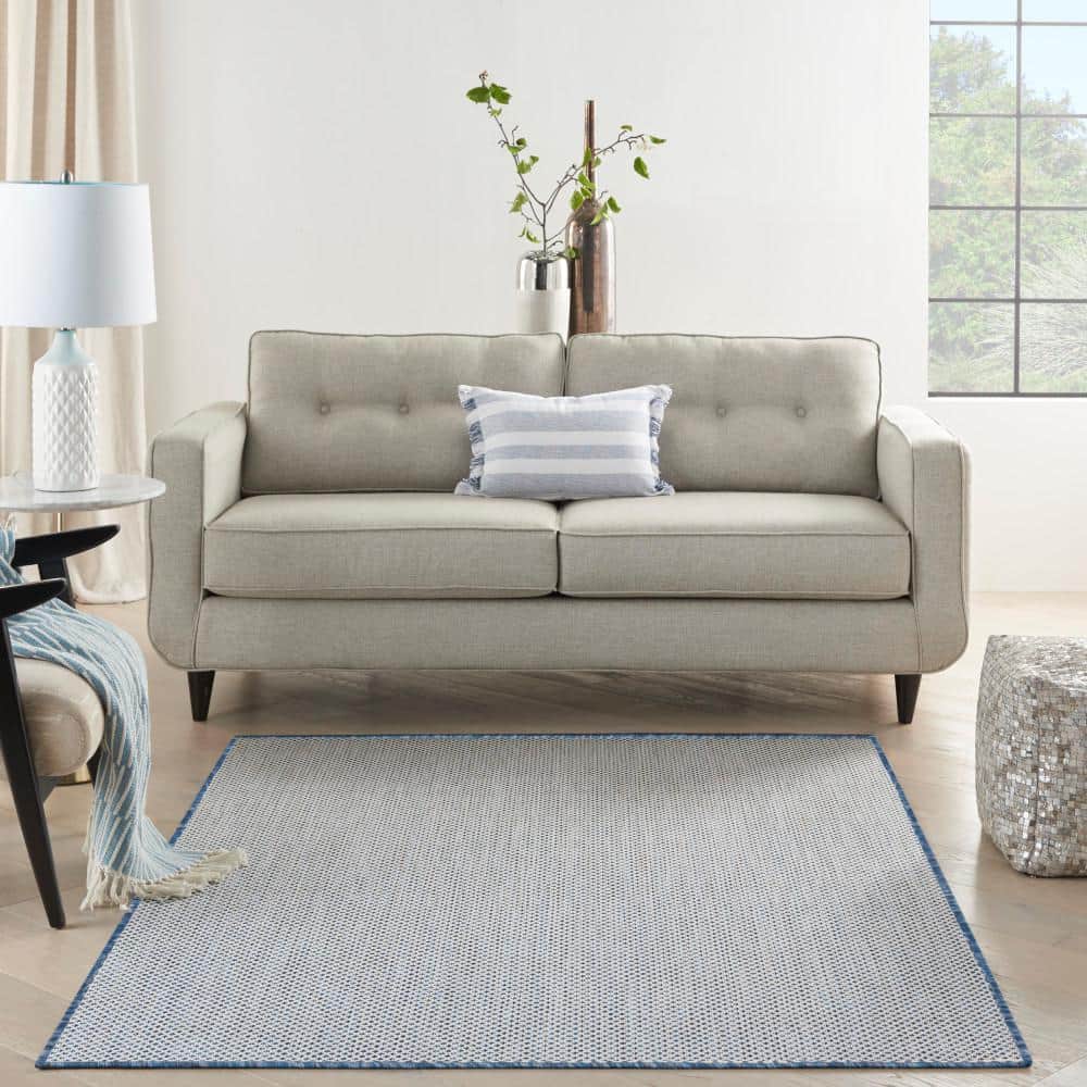 Ivory Blue Geometric 6' x 9' Synthetic Easy-Care Area Rug