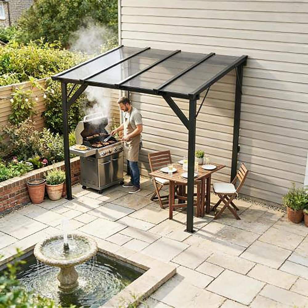 GAZEBEST 8 ft. x 5 ft. Dark Gray Lean-to Grill Gazebo, Hardtop BBQ Shelter with UV-Protective Clear Panel Roof