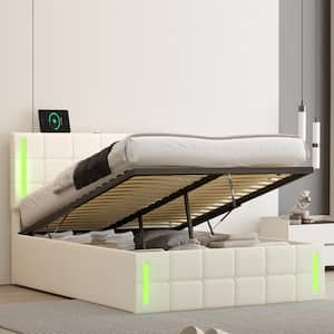 White Wood Frame Full Size PU Upholstered Platform Bed with LED, Hydraulic Storage System and USB Charging Station