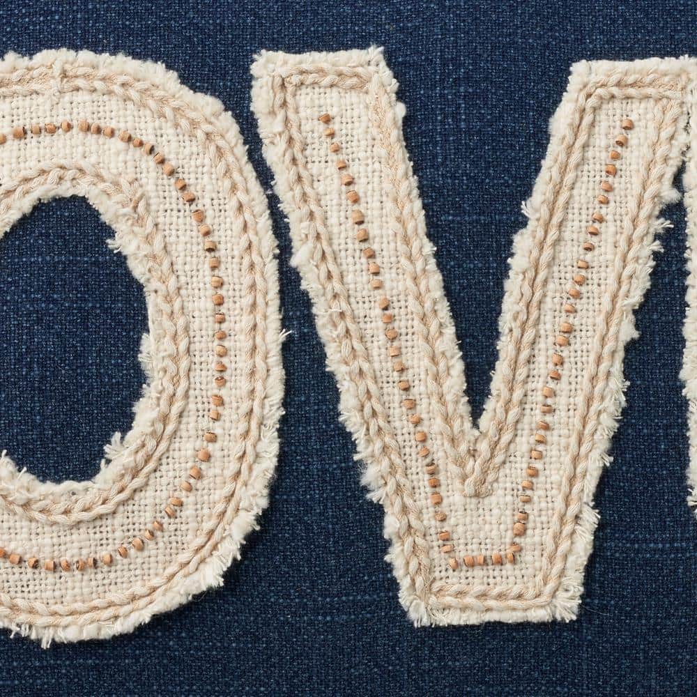 Navy Cotton Love Applique Beaded Lumbar Pillow 14" x 24"