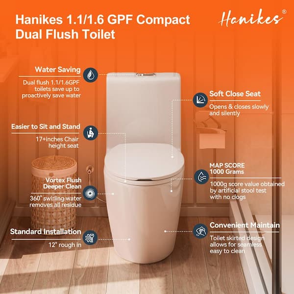 Hanikes 1-Piece 1.1/1.6 GPF Dual Flush Elongated WaterSense ADA