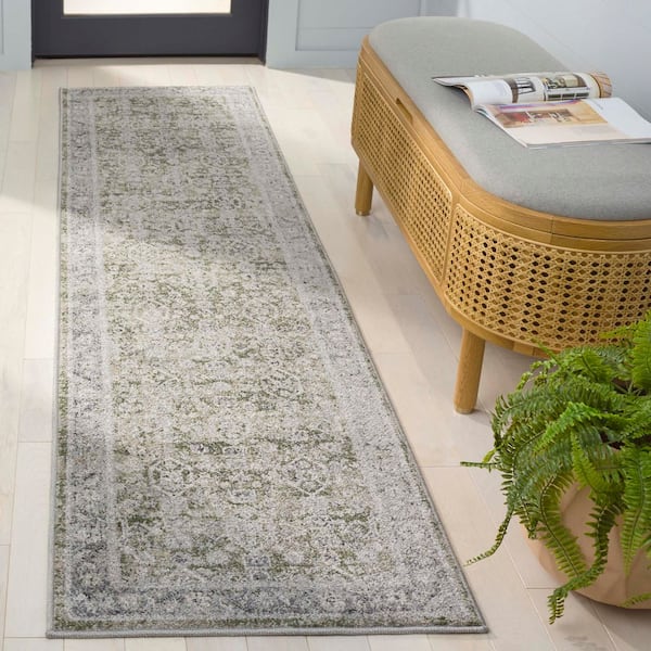 Vintage Tabriz 2 ft. x 8 ft. Green/Gray Distressed Ornate Border Runner Rug