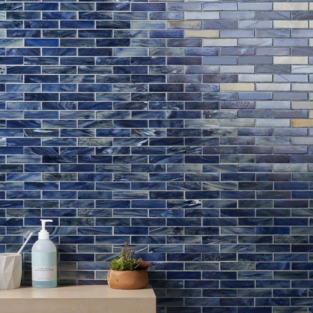 Sky Blue Polished Glass Mosaic Wall Tile 12-in x 12-in
