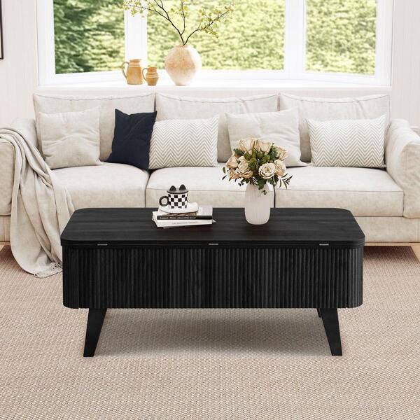 ATHMILE 42. 91in. L Black Oval MDF Coffee Table With Built-in