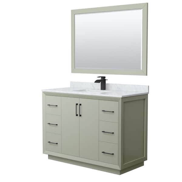Wyndham Collection Strada 48 in. W x 22 in. D x 35 in. H Single Bath Vanity in Light Green with White Carrara Marble Top and 46 in. Mirror