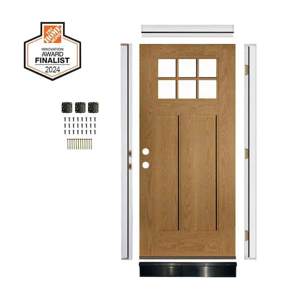 Krosswood Doors DIY RTA KIT 36in.x80in. Craftsman 6-Lite Clear Glass Right-Hand Bourbon Stain Fiberglass Ready To Assemble Front Door