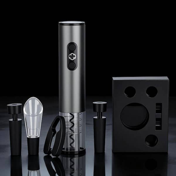 Matte Black Black Electric Wine Opener Set with Charging Base with Charging Base Foil Cutter Aerator and Vacuum Stoppers