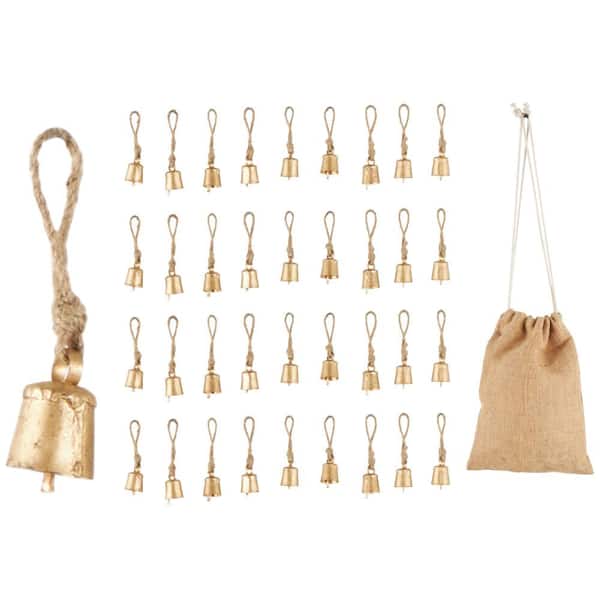Gold Metal Tibetan Inspired Round Decorative Bells with Brown Jute Rope and Canvas Drawstring Tote (36-Pack)
