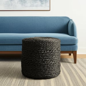 18'' Black Water Hyacinth Jute Round Pouf Ottoman