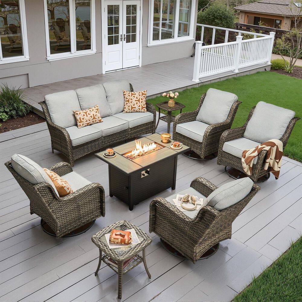 OVIOS Joyoung Gray 8-Piece Wicker Patio Rectangle Fire Pit