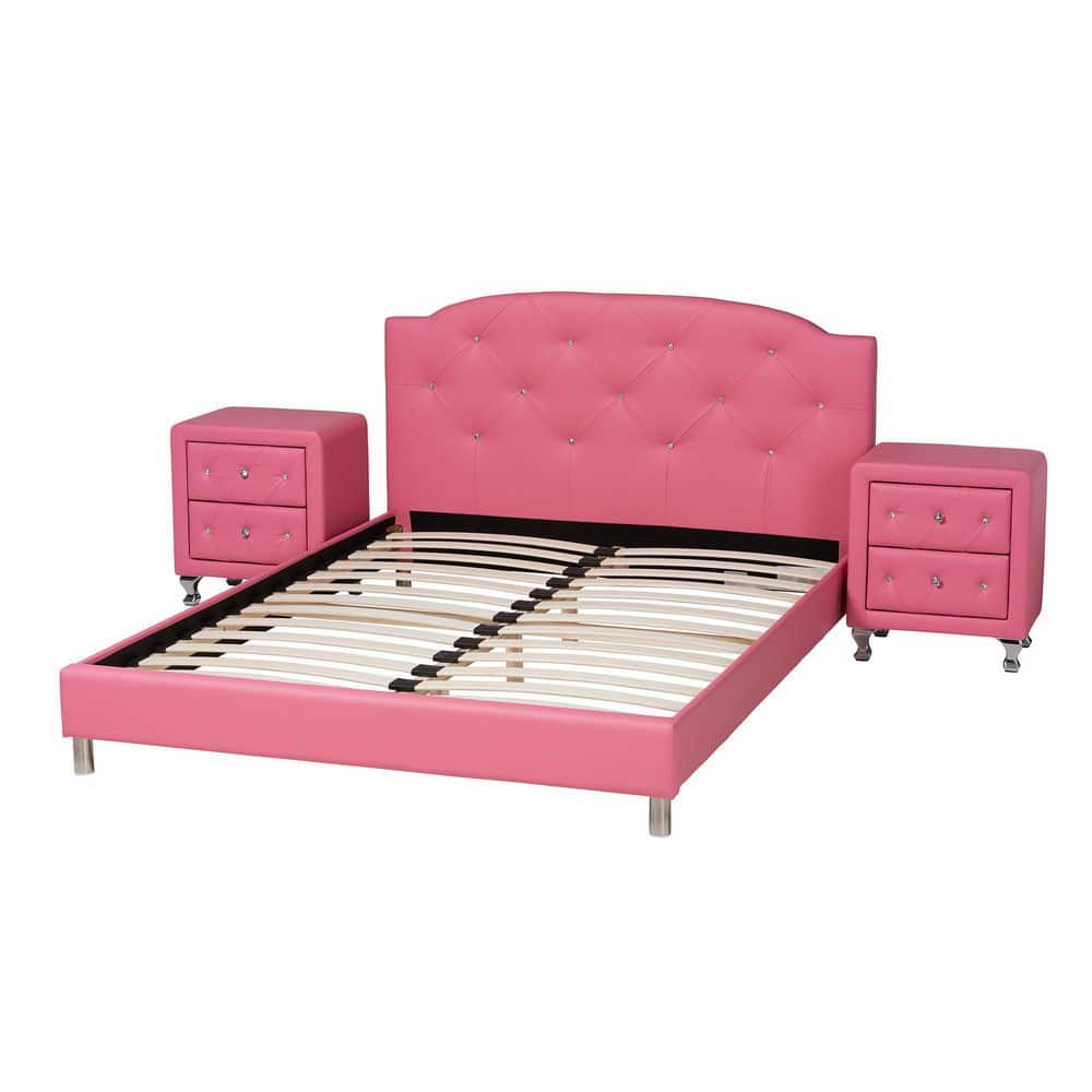 Pink Faux Leather Upholstered Full Size Bed with Nightstands
