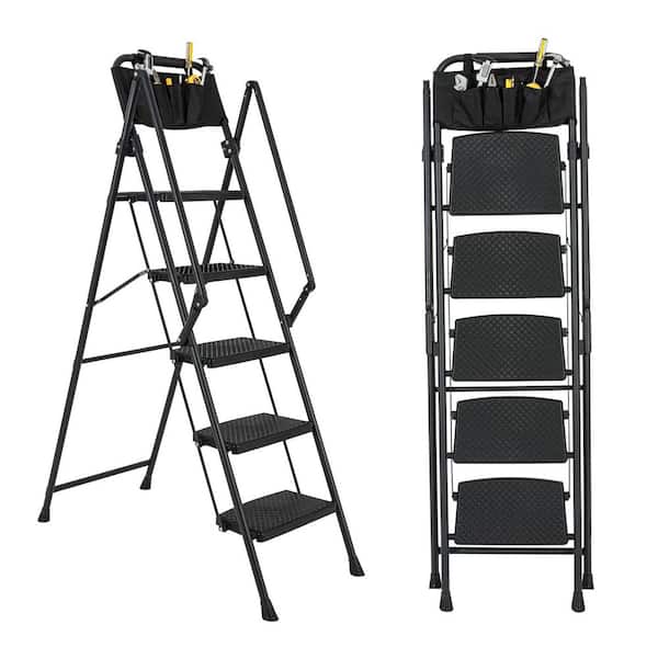 5-Step Steel Folding Step Stool Ladder with Removable Tool Bag, Black