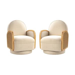 Maria Modern Ivory Rattan 360-Degree Swivel Chair with Solid Wood Arm (Set of 2)