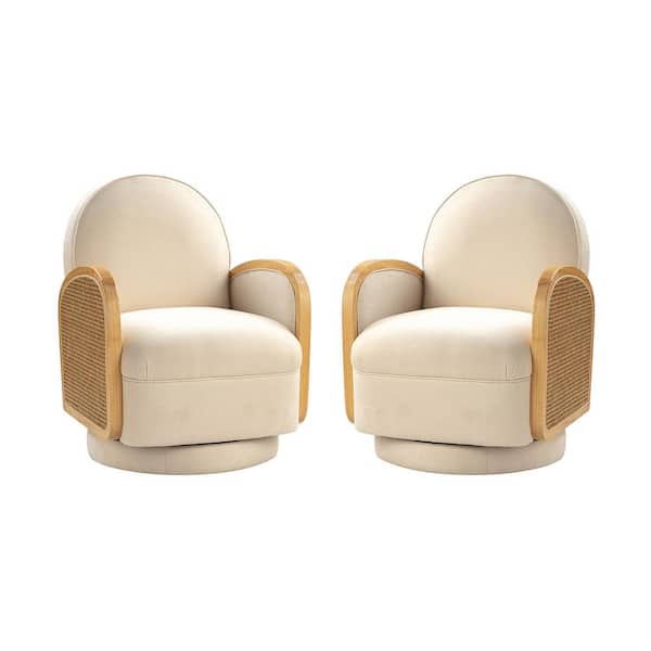 JAYDEN CREATION Maria Modern Ivory Rattan 360-Degree Swivel Chair with Solid Wood Arm (Set of 2)