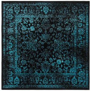 Adirondack Black/Teal 4 ft. x 4 ft. Border Distressed Square Area Rug