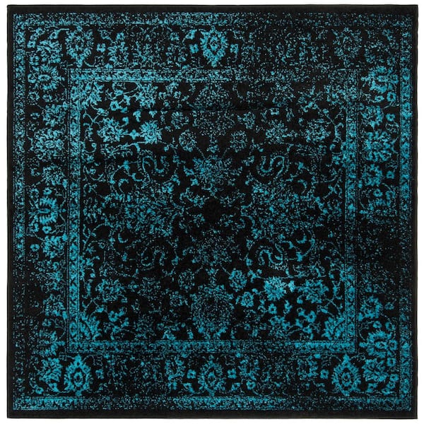 Adirondack Black/Teal 6 ft. x 6 ft. Border Distressed Square Area Rug