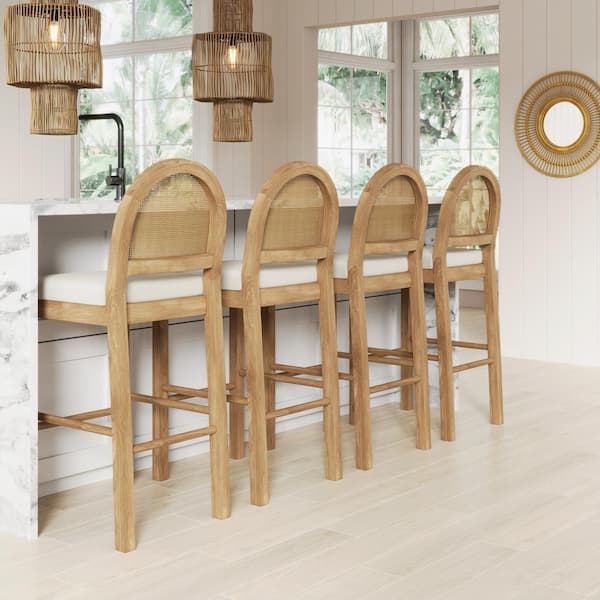 Bailey 29 in. Light Brown Woven Rattan Back and Solid Wood Legs Bar Stool with Cream Boucle Upholstered Seat, Set of 4