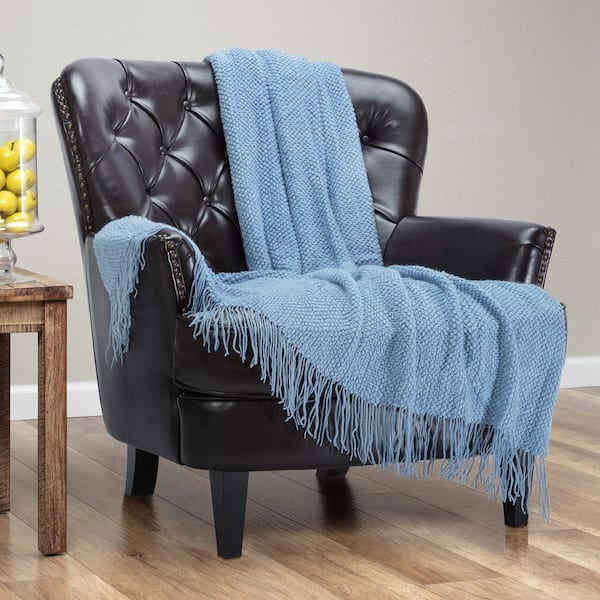 CHANASYA Textured Knit Sky-Blue Acrylic Throw Blanket with Tassels, 50 x 65 in.