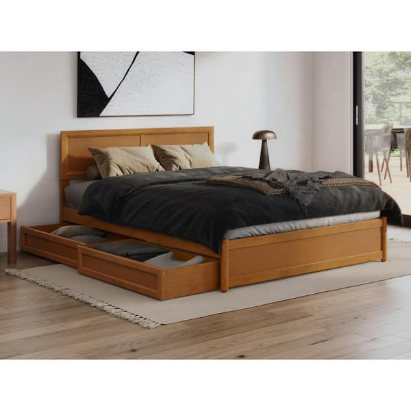 AFI Lylah Light Toffee Natural Bronze Solid Wood Frame Queen Platform Bed with Panel Footboard and Storage Drawers