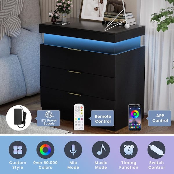 28.8 in. Black Rectangle Particle Board End Table, Nightstand, Bedside Table with Charging Station and LED Lights