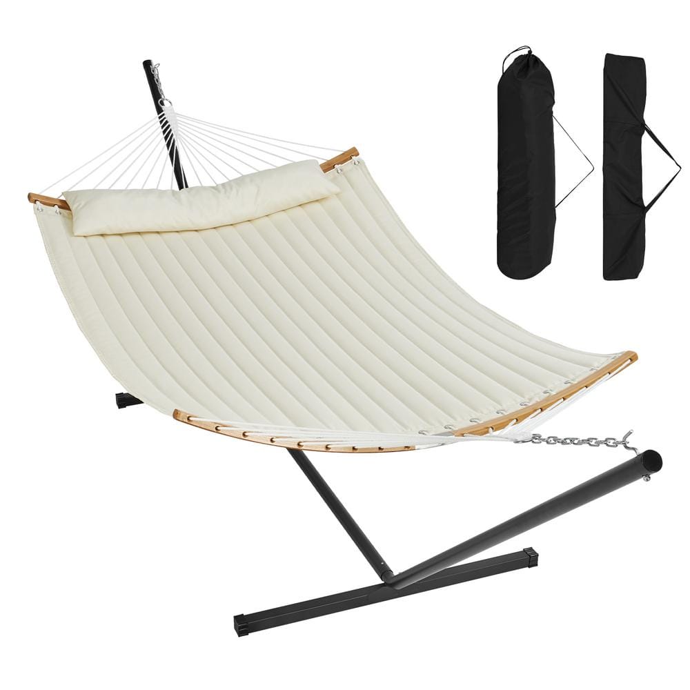 Cream Double Quilted Fabric Hammock with Bamboo Spreader Bars and Stand