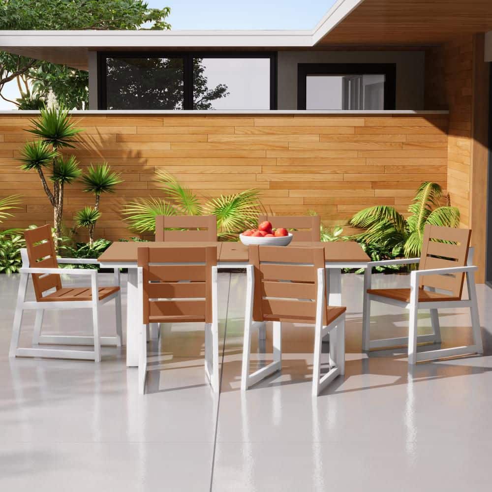 Collingswood 7-Piece Outdoor Patio HDPE Plastic All Weather 2-Tone Dining Set, Teak