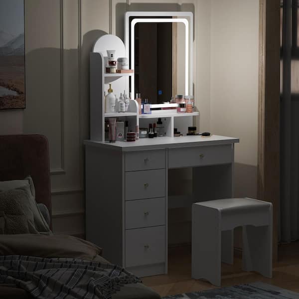 5-Drawers White Makeup Vanity Sets Dressing Table Sets with LED Dimmable  Mirror, Stool and 3-Tier Storage Shelves