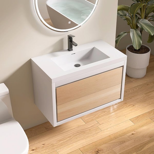 36 in. W x 17 in. D x 20 in. H Wall Mounted Floating Bath PVC Vanity Cabinet in Wood Grain with White Basin and Sink
