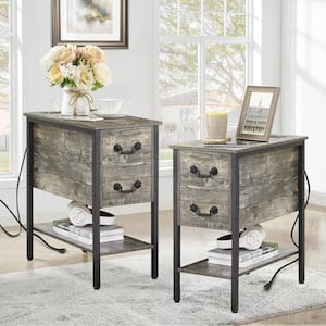 Narrow End Table Set with Drawers, Gray 2-Drawers 11.8 in. W Nightstands Charging Station and USB Ports, (Set of 2)