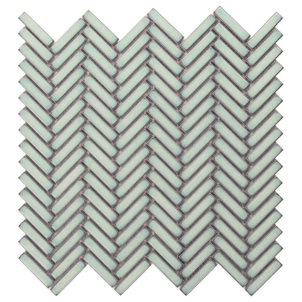 Ivy Hill Tile Motif Herringbone Mint Green 2.78 in. x 0.25 in. Glossy Porcelain Mosaic Floor and Wall Tile Sample