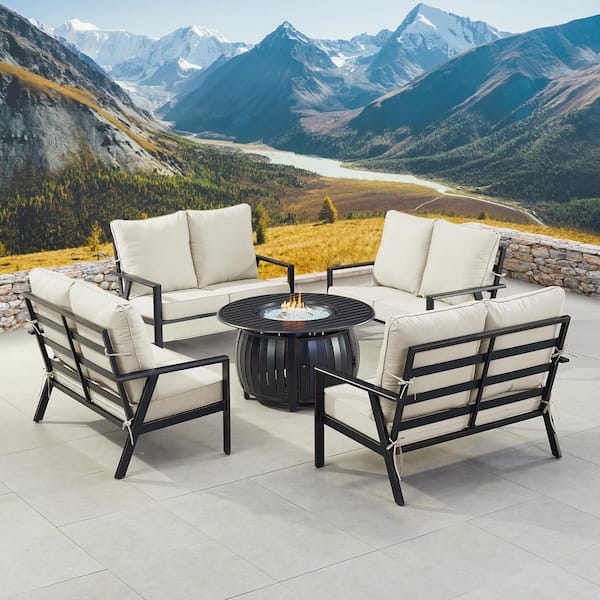 Oakland Living Black 7-Piece Aluminum Patio Fire Pit with 4-Deep Seating Loveseat Light Grey Cushions