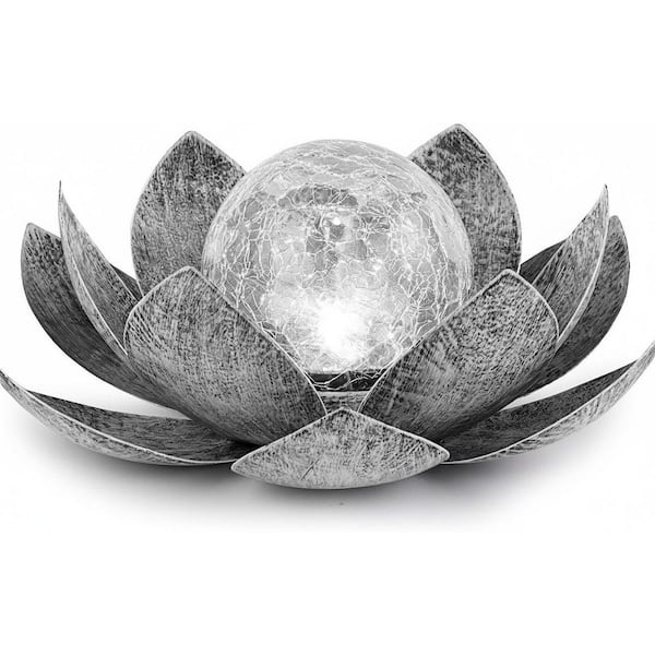 9.84 in. x 9.84 in. x 3.54 in. Lotus Shape Crackle Globe Glass Warm White Step Stone Waterproof Metal Flower Decoration