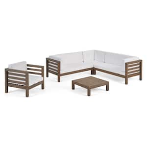 Oana Grey 5-Piece Wood Patio Conversation Sectional Seating Set with White Cushions