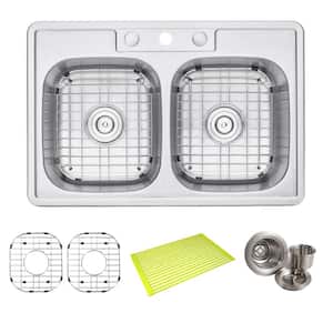 Topmount Drop In Stainless Steel 33 in. x 22 in. x 9 in. Deep 3 Faucet Holes Double Bowl 50/50 Kitchen Sink Combo