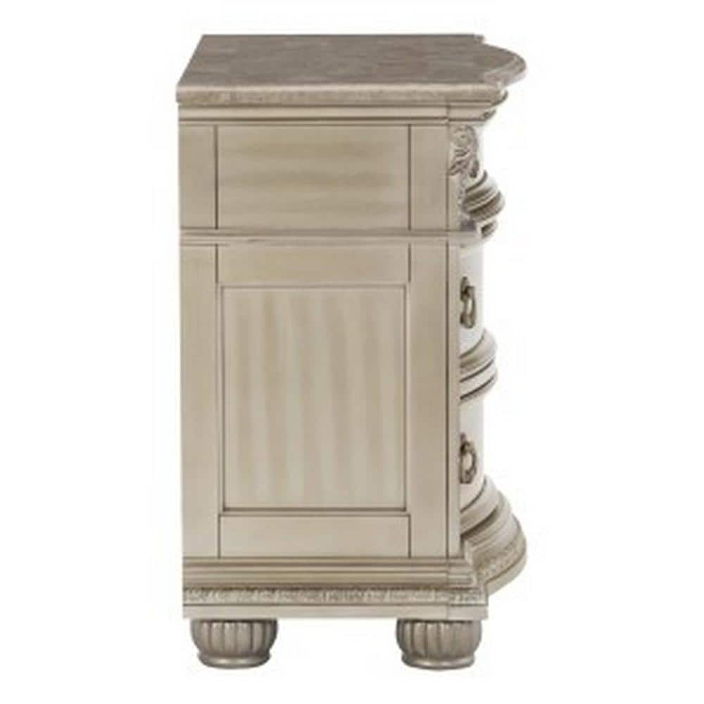 Caitlin Silver 35 Inch 3 Drawer Nightstand with Marble Top