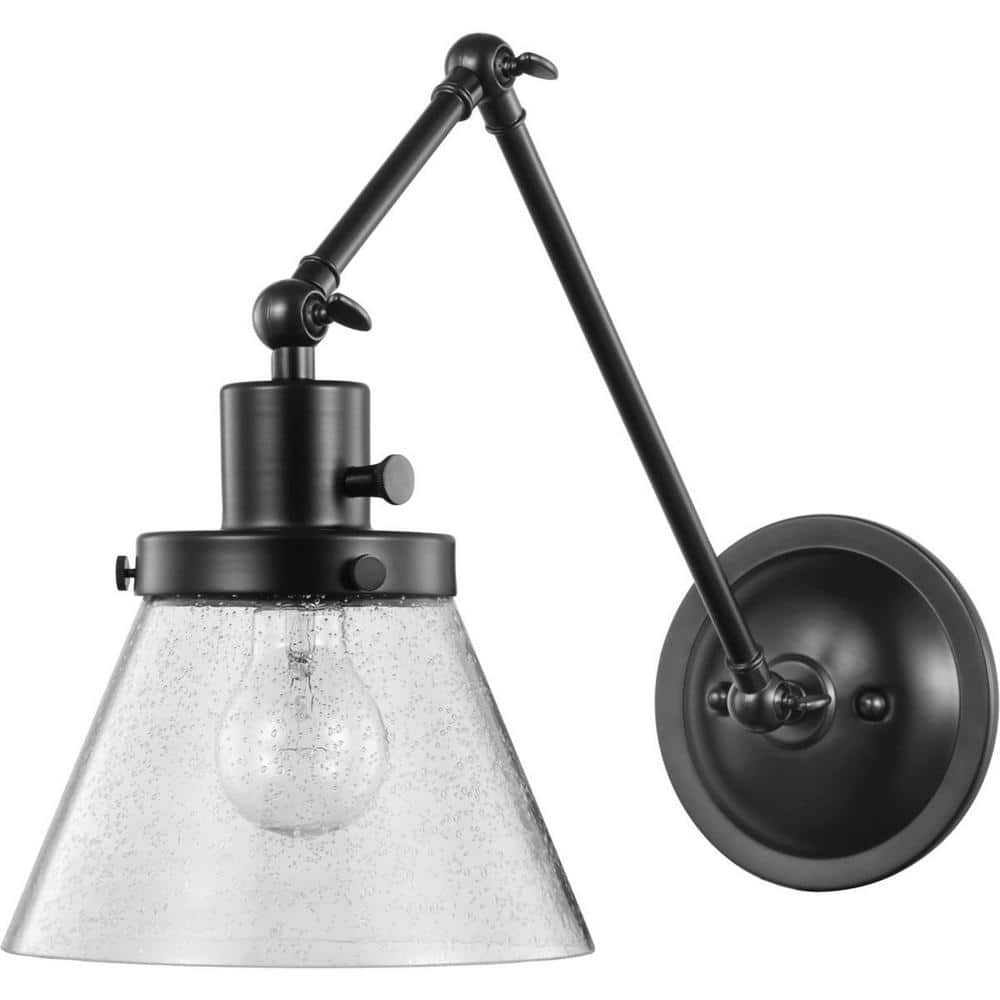 Black Steel Swing Arm Wall Sconce with Seeded Glass Shade