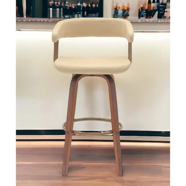 HomeRoots 30.5 in. Cream High Back Wood Bar Stool Faux Leather Seat