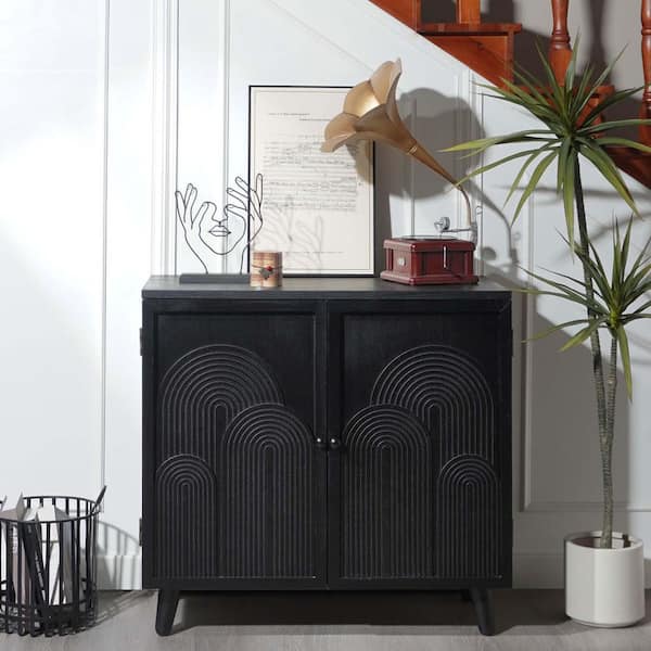Black MDF 62.99 in. Vintage Carved 4-Doors Sideboards