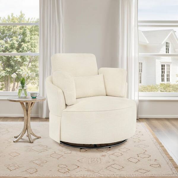 Nova Champagne Fabric Upholstered 360° Swivel Accent Chair Metal Base Barrel Chair with Pillow (Set of 2)