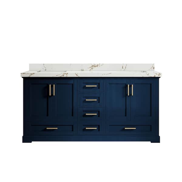 Willow Collections Boston 72 in. Double Sink Freestanding Navy Blue Bath Vanity with Viola Brown Qt. Top Unassembled