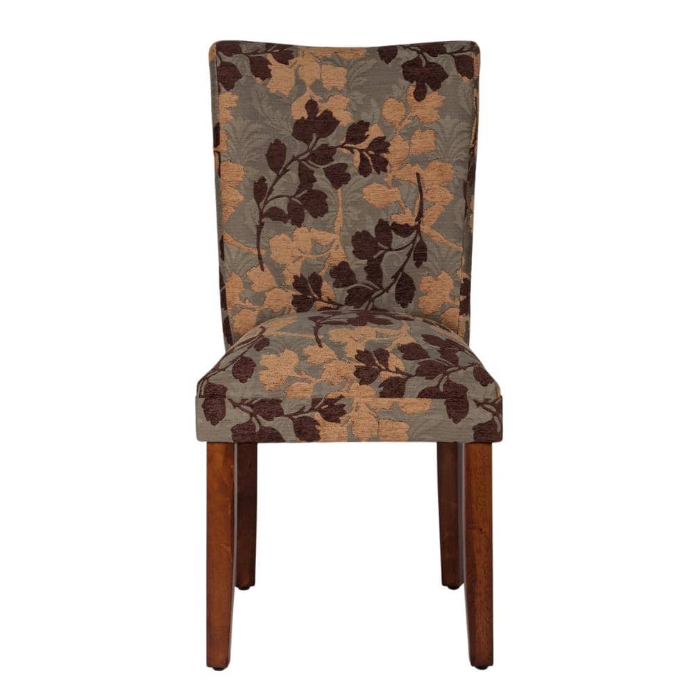 Brown Floral Upholstered Parsons Side Chair with Wood Legs