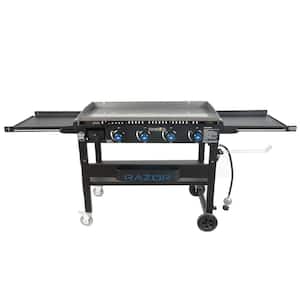 4-Burner Griddle Grill with Foldable Shelves in Black with Condiment Tray and Wind Guards Included