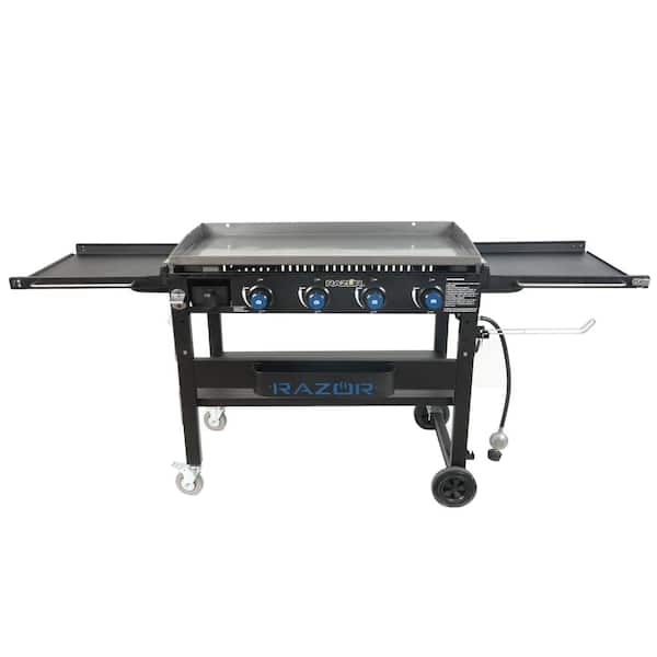 Razor 37 in. 4-Burner Propane Gas Griddle Grill with Foldable Shelves in Black with Condiment Tray and Wind Guards included