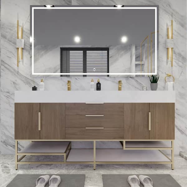 Bethany 71 in. W. x 20 in. D x 36 in. H Double Sink Freestanding Bath Vanity in Light Oak with White Acrylic Top