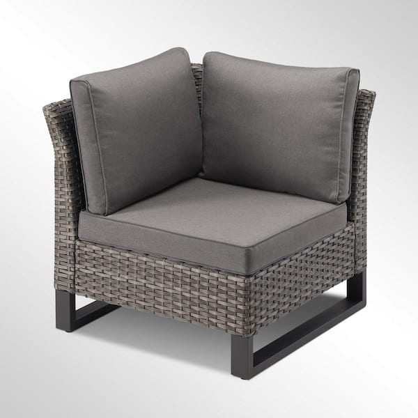 Opohoro U-Weave Brown Wicker Corner 1-Seat Outdoor Sectional Chair with Gray Cushion
