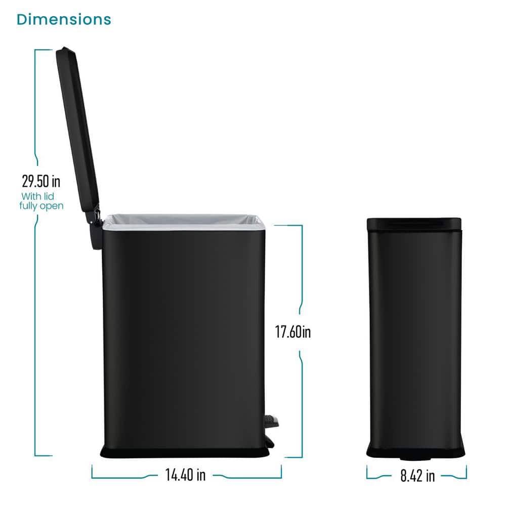 Matte Black Stainless Steel Slim Step Pedal Trash Can - 4.4 Gallon