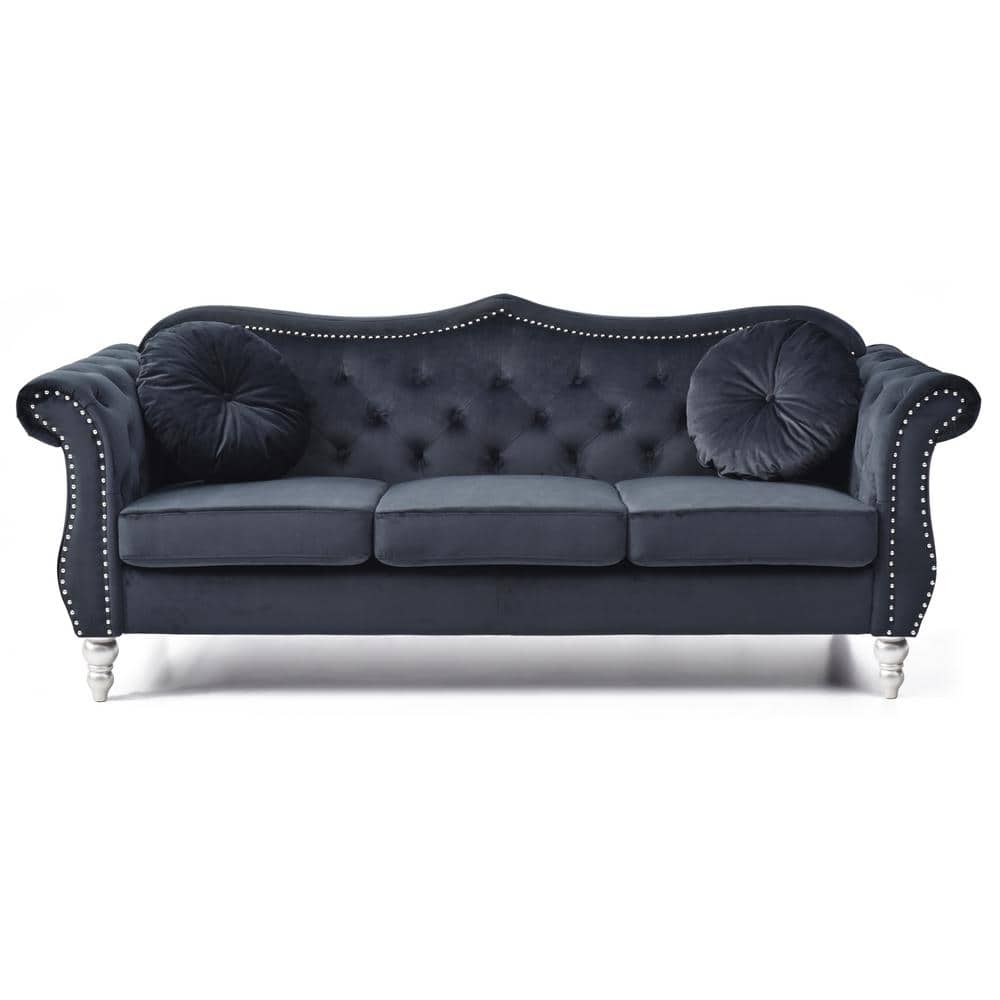Hollywood 82 in. Round Arm Velvet Rectangle Tufted Straight Sofa in Black
